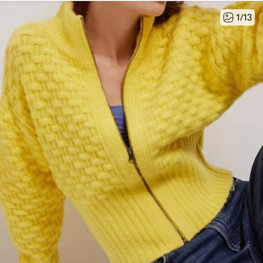 anthropologie maeve buttercup yellow textured zip up sweater basketweave